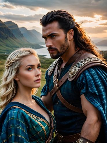 A couple in medieval attire stands against a scenic mountain and lake backdrop at sunset.