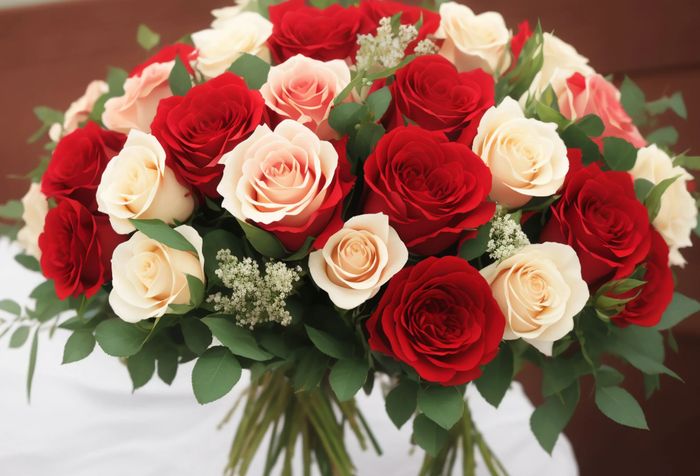 A bouquet of red and cream roses with green leaves.