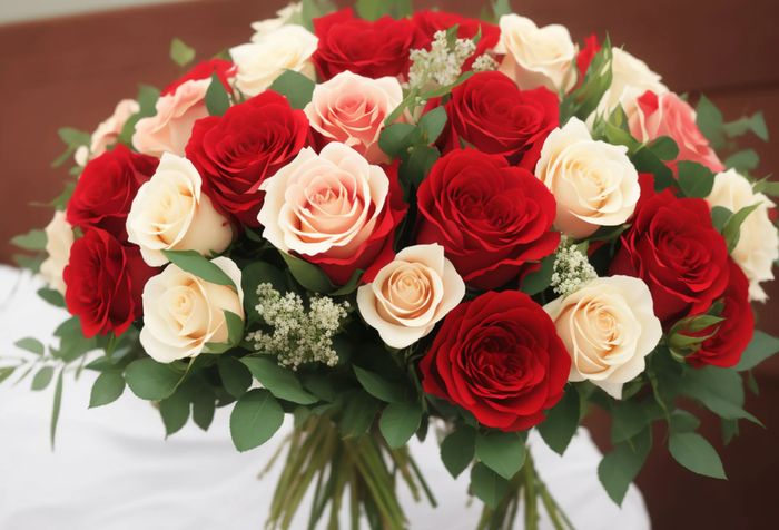 A bouquet of red and cream roses with green leaves.