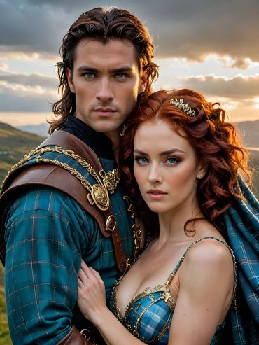 A couple in medieval attire embraces against a scenic sunset backdrop.