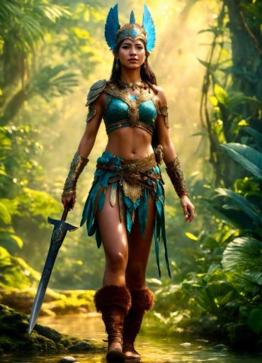 Warrior woman in ornate blue and gold armor with a sword in a lush forest.