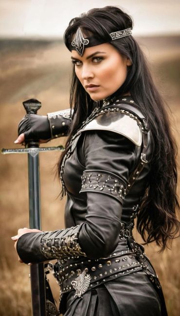 A fierce warrior woman in detailed black armor holding a sword outdoors.