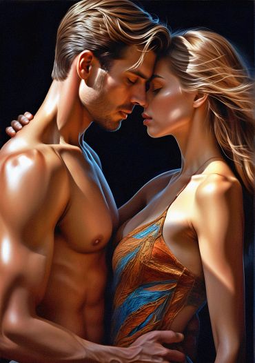 A romantic couple embracing intimately with closed eyes.