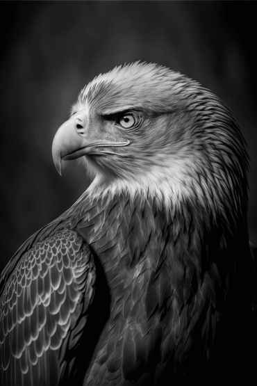 Majestic close-up of an eagle in black and white.
