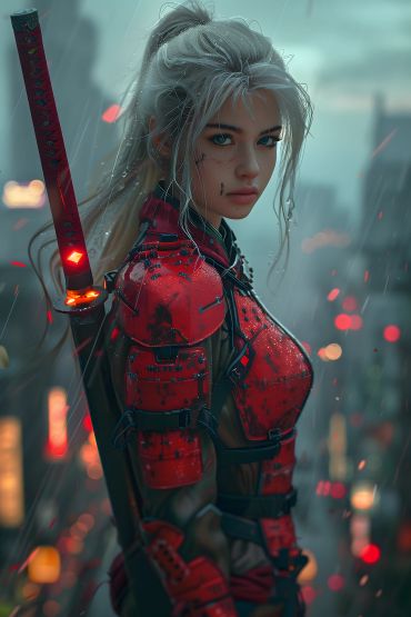 A fierce female samurai in red armor with a glowing katana on her back in a rainy urban setting.