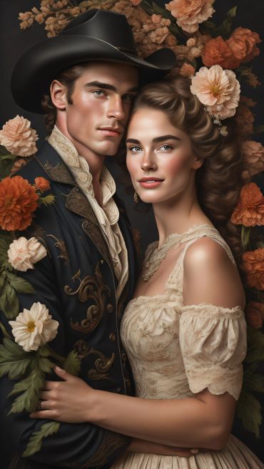 Romantic couple in vintage attire surrounded by flowers.
