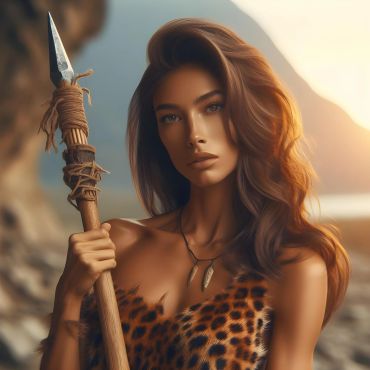 A woman in leopard print holding a spear with a determined expression.