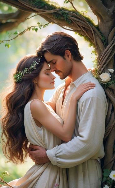 Romantic couple embracing tenderly under a tree with soft sunlight.
