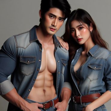 A fit man and woman wearing denim shirts posing confidently.