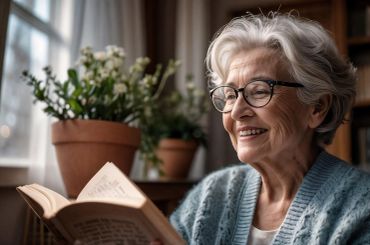 Elderly woman smiling while reading a book indoors.