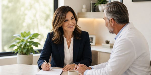 Woman in business attire smiles and writes while talking to a man in white coat.