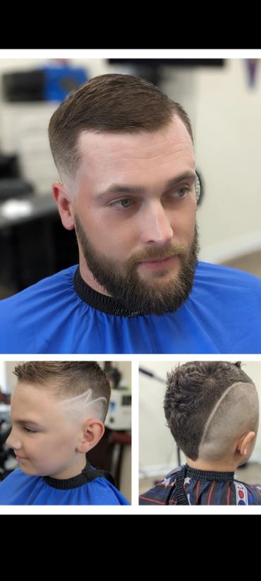 Collage of trendy men's haircuts with fades and designs.