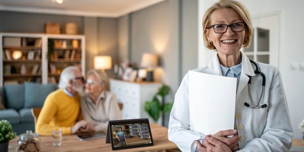 Smiling doctor holding documents with elderly couple in background.