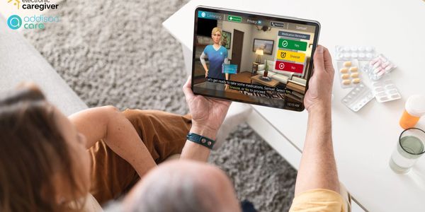 A senior and caregiver using a tablet for virtual care assistance at home.