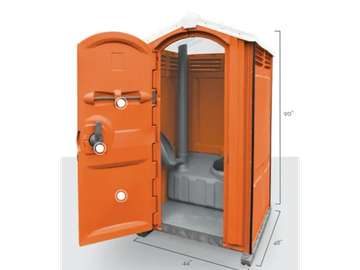 Portable orange porta-potty with dimensions.