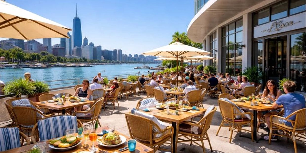 Outdoor restaurant seating with city skyline and waterfront view on a sunny day.