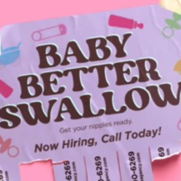 Advertisement for baby products with a slogan and hiring info.