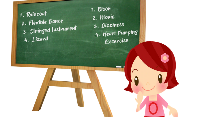 Oonagh's Clues:
1. Raincoat
2. Flexible Dance
3. Stringed Instrument
4. Lizard
1. Bison
2. Movie
3.