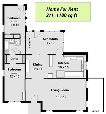 McAllen 2/1 home for rent floorplan