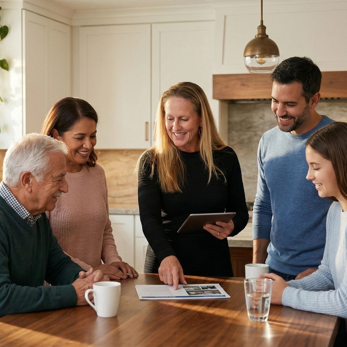 A group of people gathered around a table reviewing documents with smiles.
