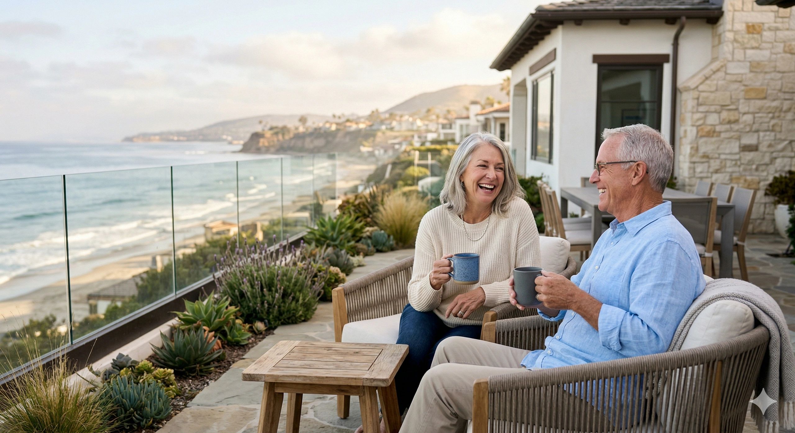 Senior couple enjoying coastal San Clemente lifestyle outdoors on a sunny morning patio.