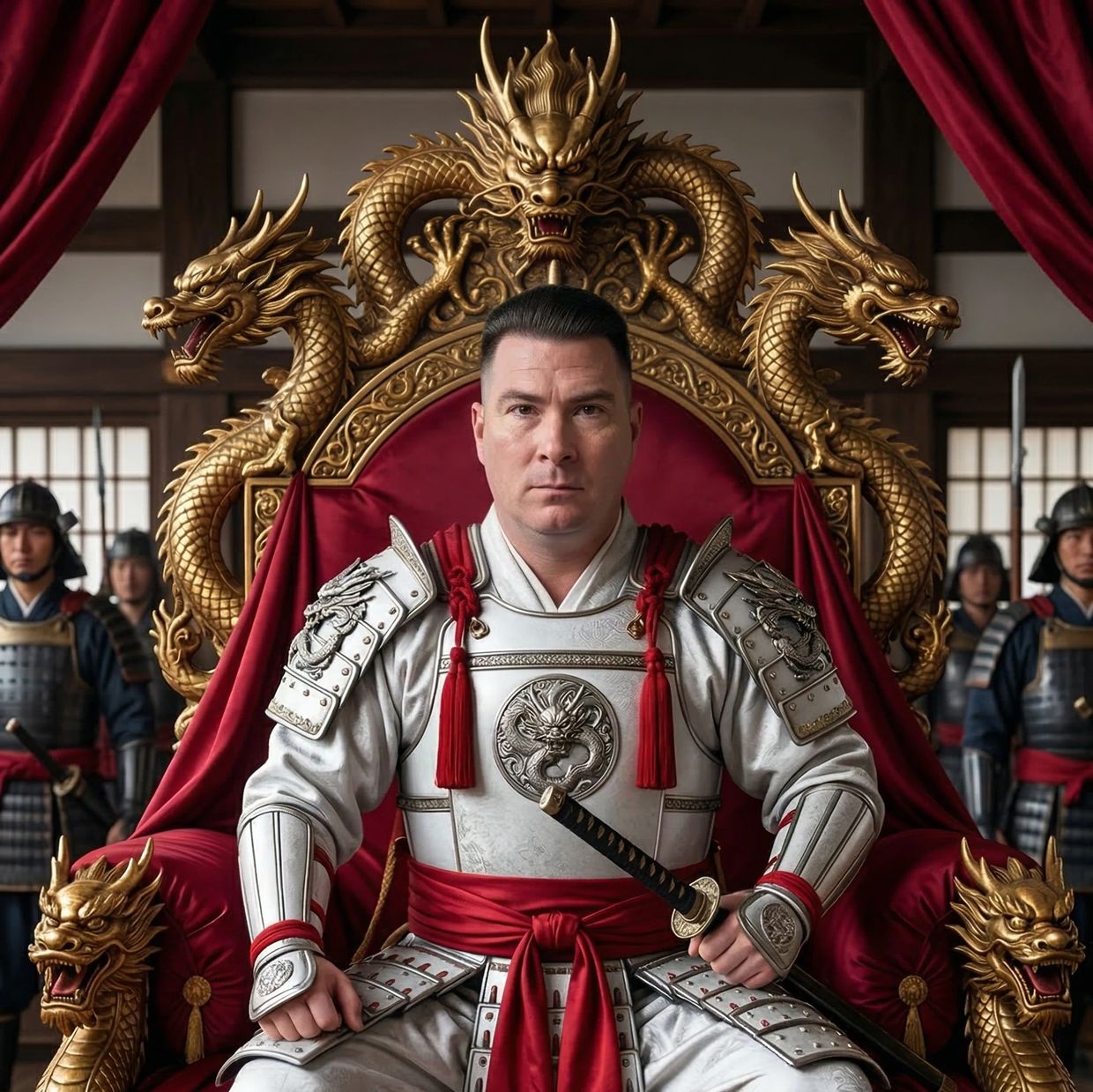 Man in silver armor seated on a golden dragon-themed throne with guards behind.