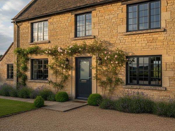 Stone cottage with new black pvc windows.