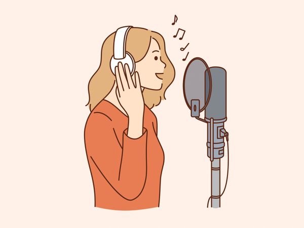 Woman singing into a microphone with headphones on.