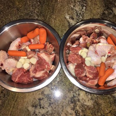 Raw Diet for two adult Portuguese Water Dogs. 16 oz daily per dog. 8 oz meal twice a day.