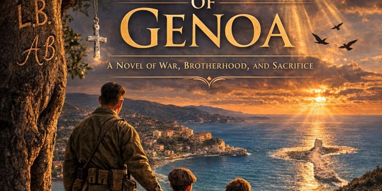 Book cover of "Genoa" showing soldiers overlooking a coastal town at sunset with a cross-shaped path in the water.