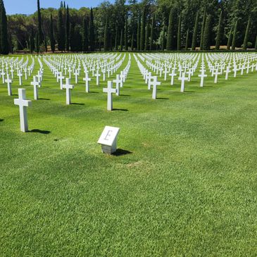 Rows of white crosses mark graves on a green lawn under a clear blue sky.
