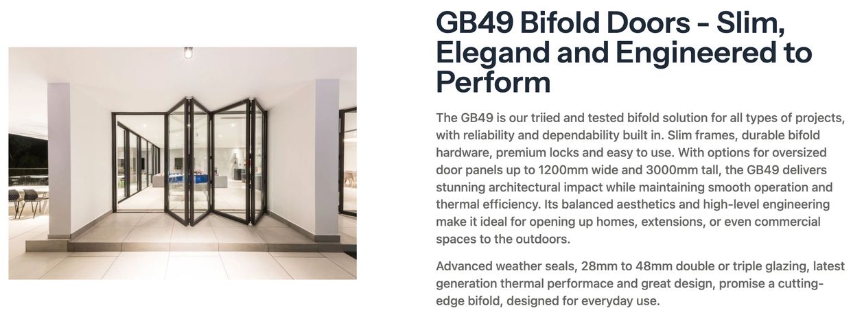 Cortizo GB49 bifold doors – slim 110mm frames, smooth folding action, secure and thermally efficient