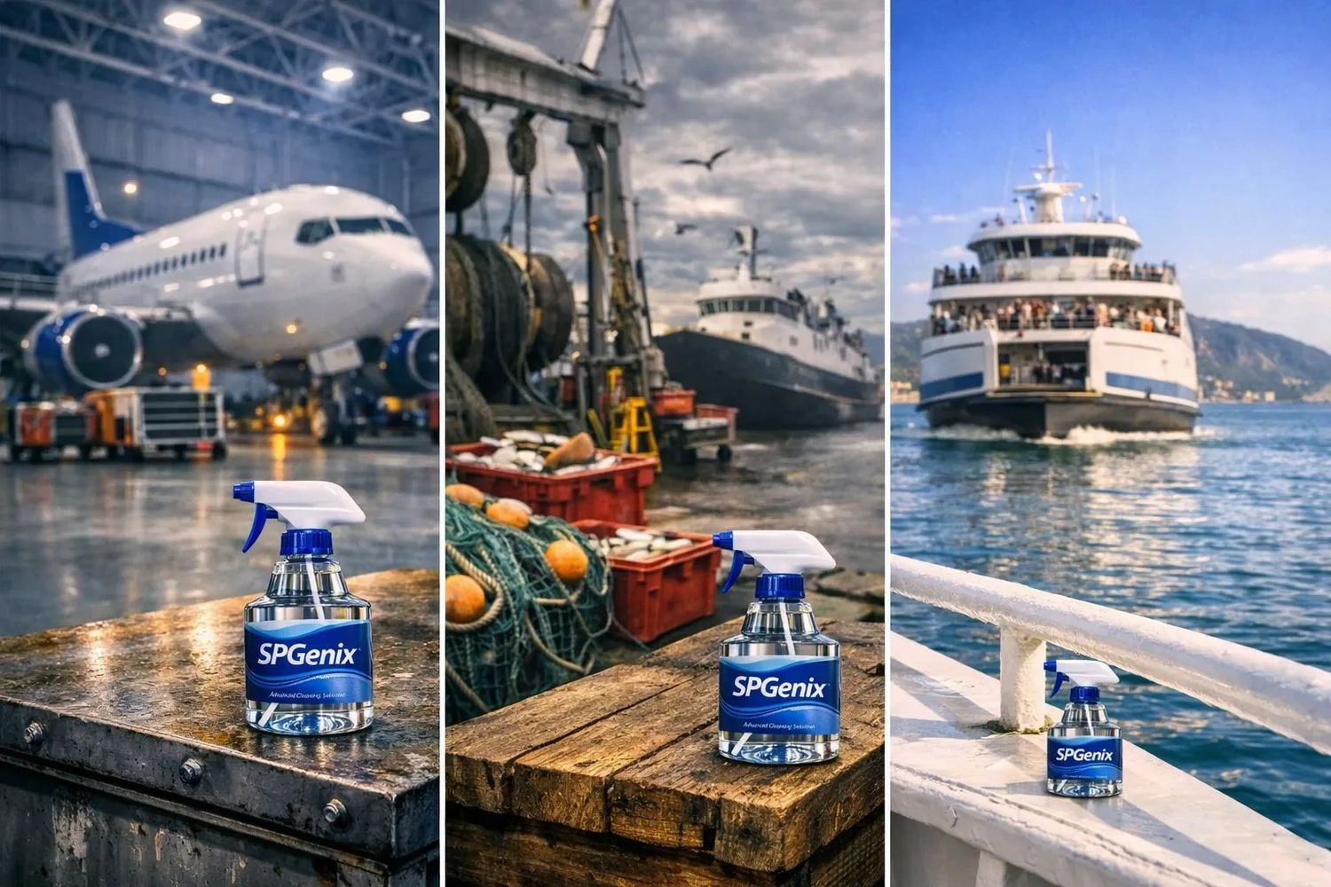 SPGenix spray bottle placed in aviation, fishing, and marine settings.