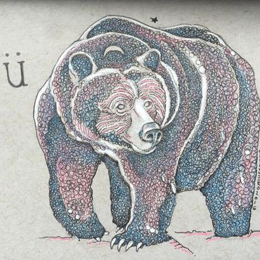 "Oso y Ü" 5x7" ink and color pencil on toned paper