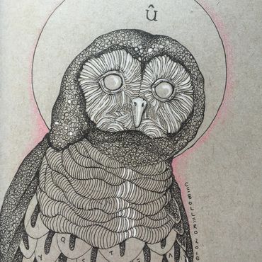 "How do I remember all the winks the moon gives me" by Ari Cebollero, 5x7 ink and color pencil