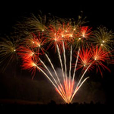 Bright red and gold fireworks bursting against the night sky.