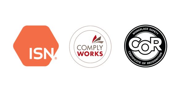 Three workplace safety and compliance logos: ISN, Comply Works, and COR.