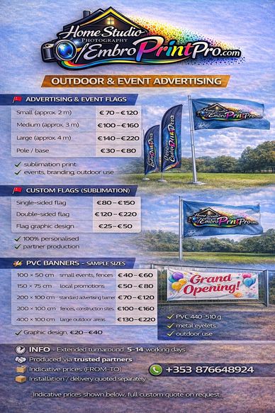 Advertising and event flag pricing and details from Home Studio EmbroPrintPro.