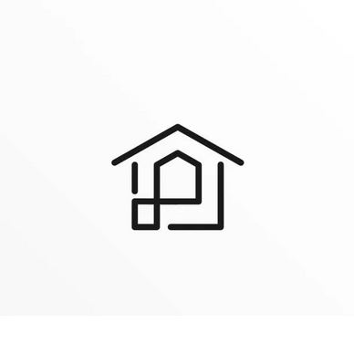 Minimalist house icon with geometric shapes on a white background.
