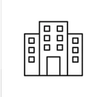 Simple black and white icon of a building with multiple windows.
