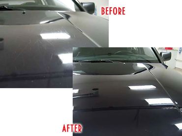 Before and after car hood scratch repair showing a polished finish.
