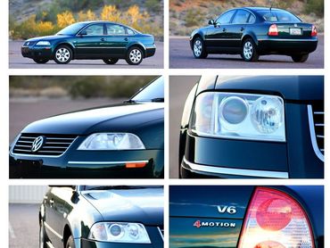 Multiple detailed views of a dark green Volkswagen sedan with V6 4Motion badge.