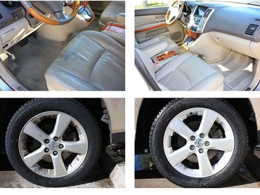 Before and after cleaning of a car's interior and wheels.