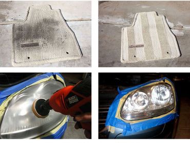 Comparison of a dirty and cleaned car floor mat.