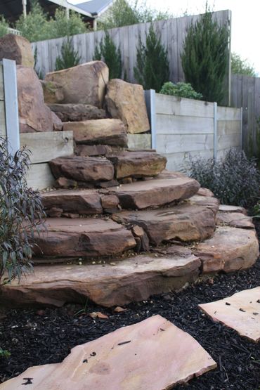 Stone Steps and Timber Sleeper retaining wall