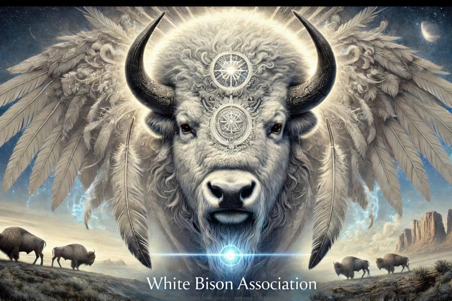 White buffalo with glowing geometric symbol on its forehead, centered beneath a luminous sky with f