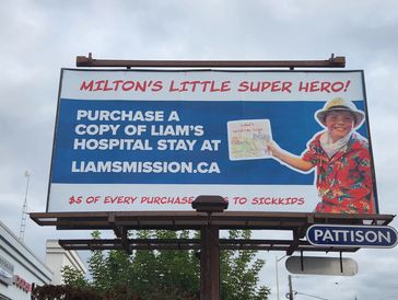 Billboard promoting Liam's book to help SickKids charity.