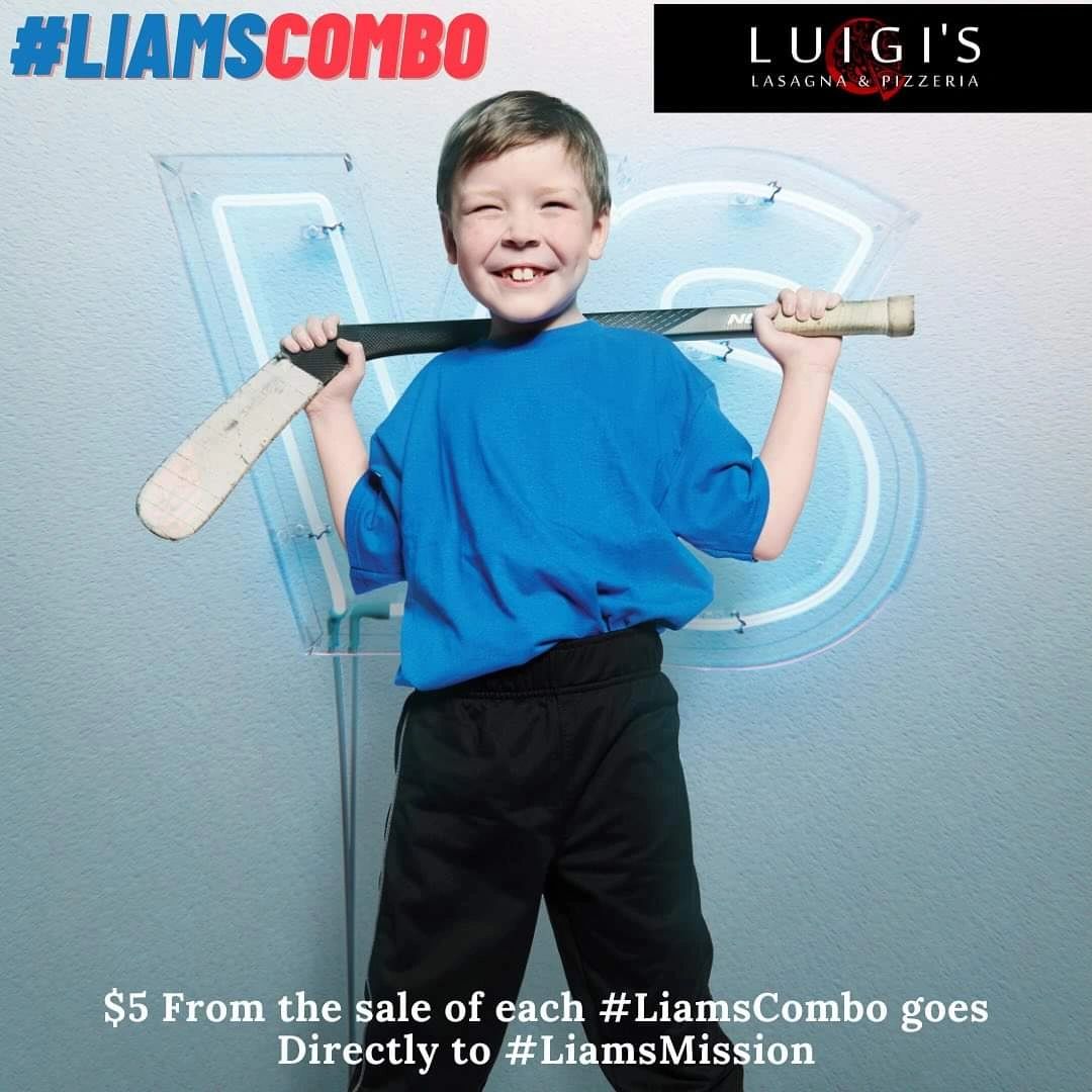 Smiling boy holding a hockey stick promoting #LiamsCombo at Luigi's Lasagna & Pizzeria.