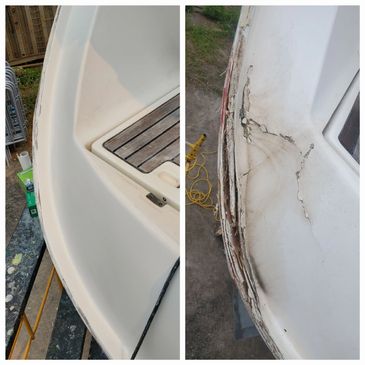 Before and after images of a boat hull repair showing damaged and restored sections.