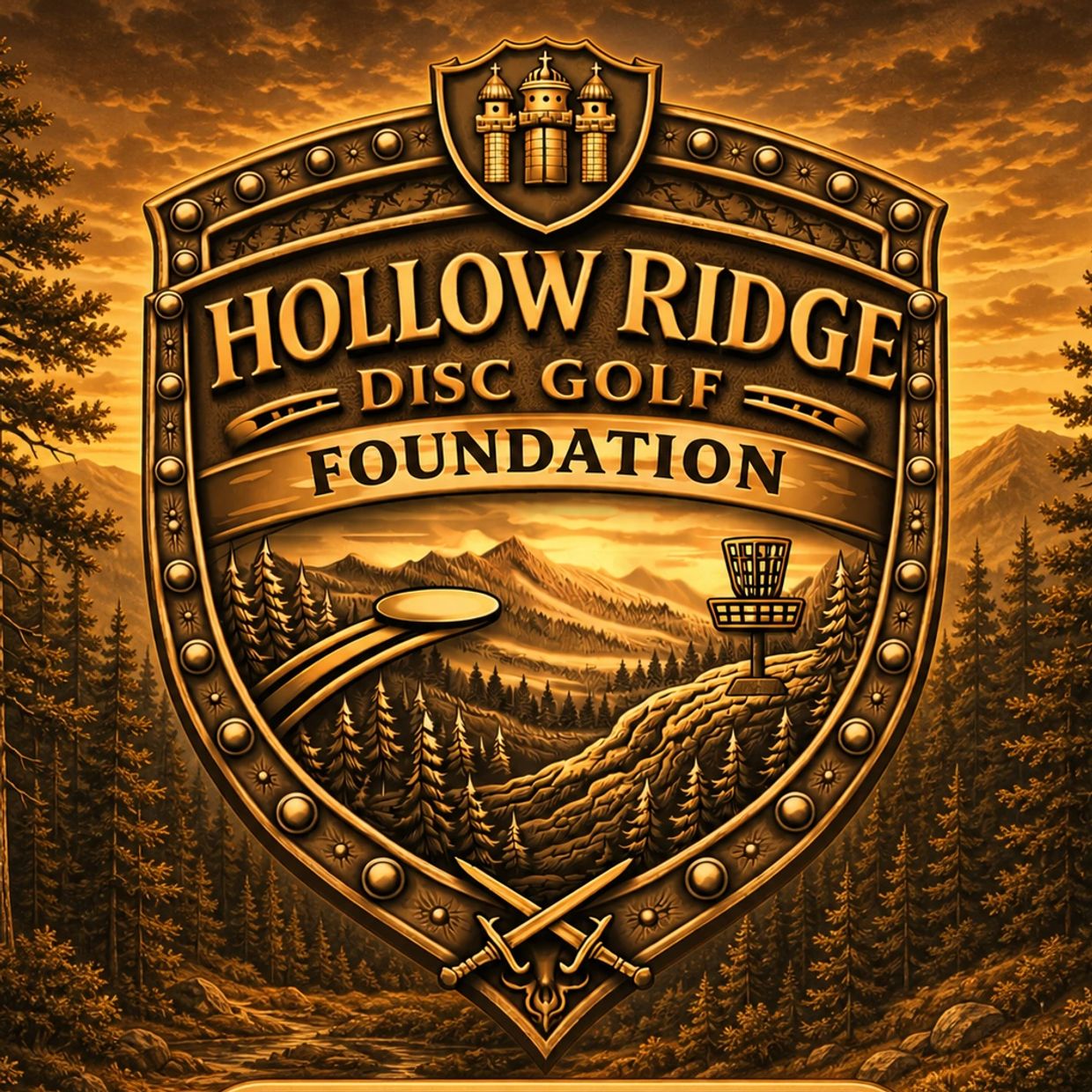 Emblem of Hollow Ridge Disc Golf Foundation with nature and disc golf elements.
